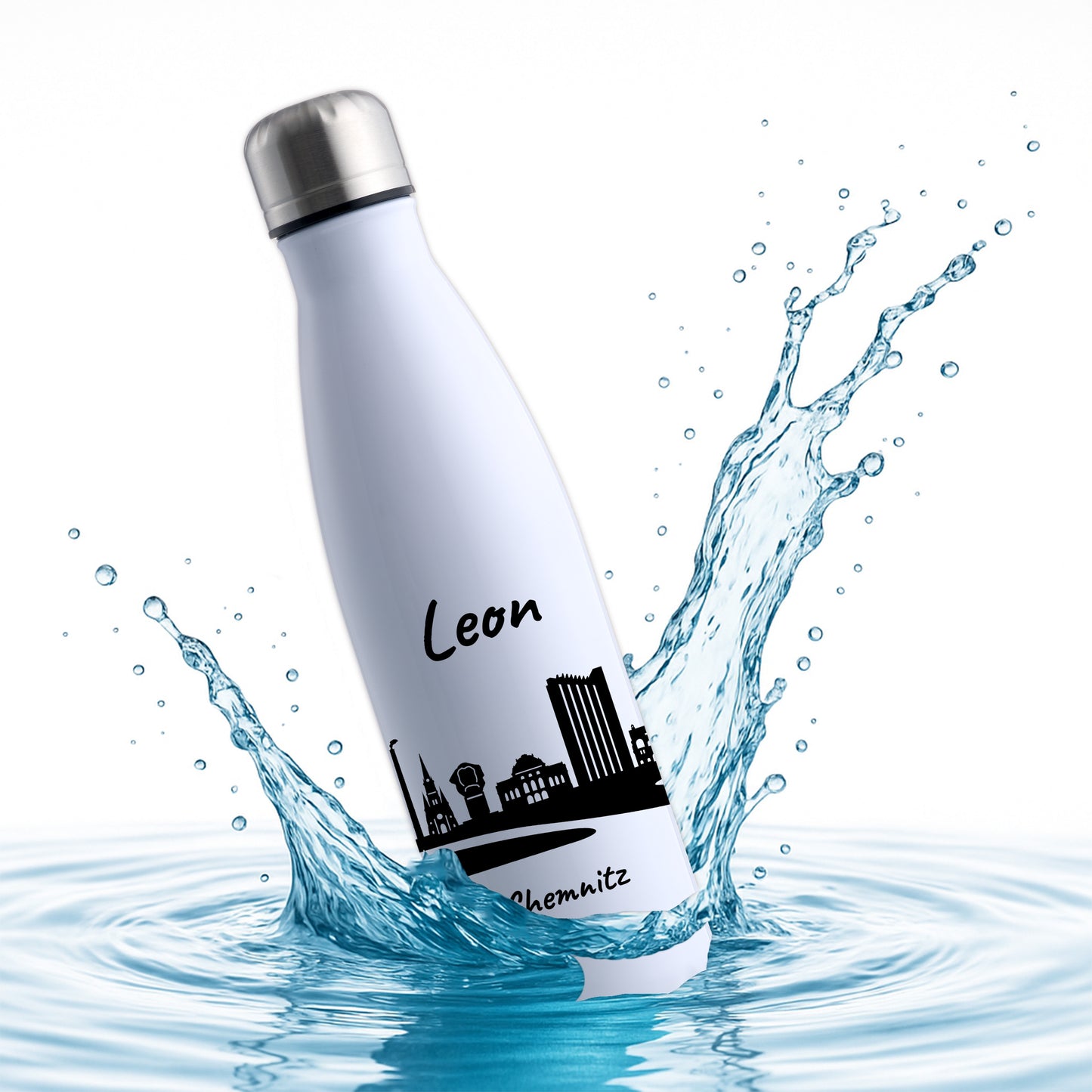 Trinkflasche in Weiß 500ml aus Edelstahl bedruckt mit der Skyline von Chemnitz personalisierbar mit Wunschname
