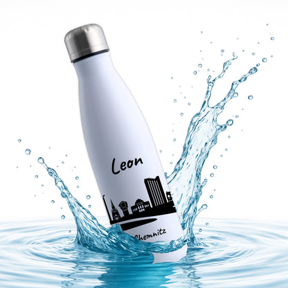Trinkflasche in Weiß 500ml aus Edelstahl bedruckt mit der Skyline von Chemnitz personalisierbar mit Wunschname