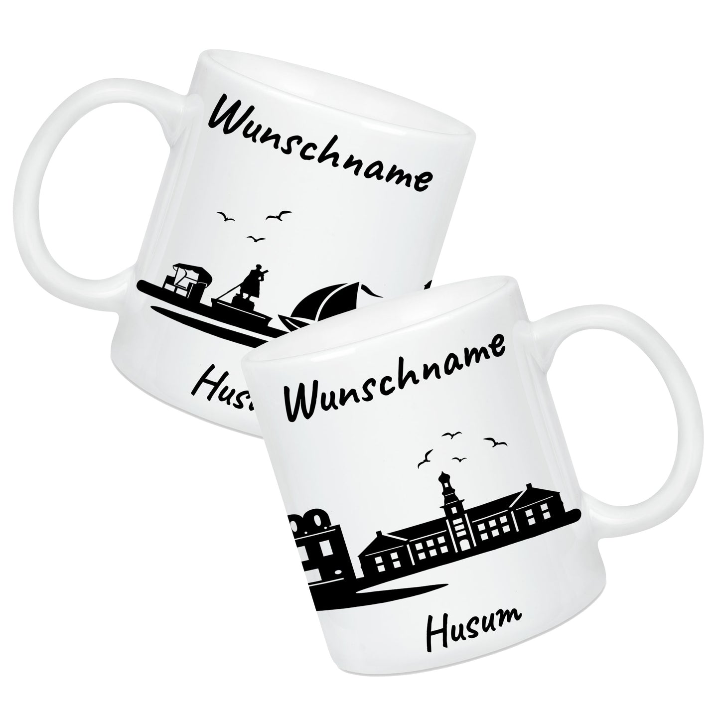 Tasse in Weiß 330ml bedruckt mit der Skyline von Husum personalisierbar mit Wunschname