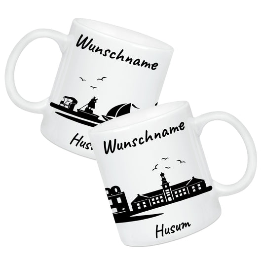Tasse in Weiß 330ml bedruckt mit der Skyline von Husum personalisierbar mit Wunschname
