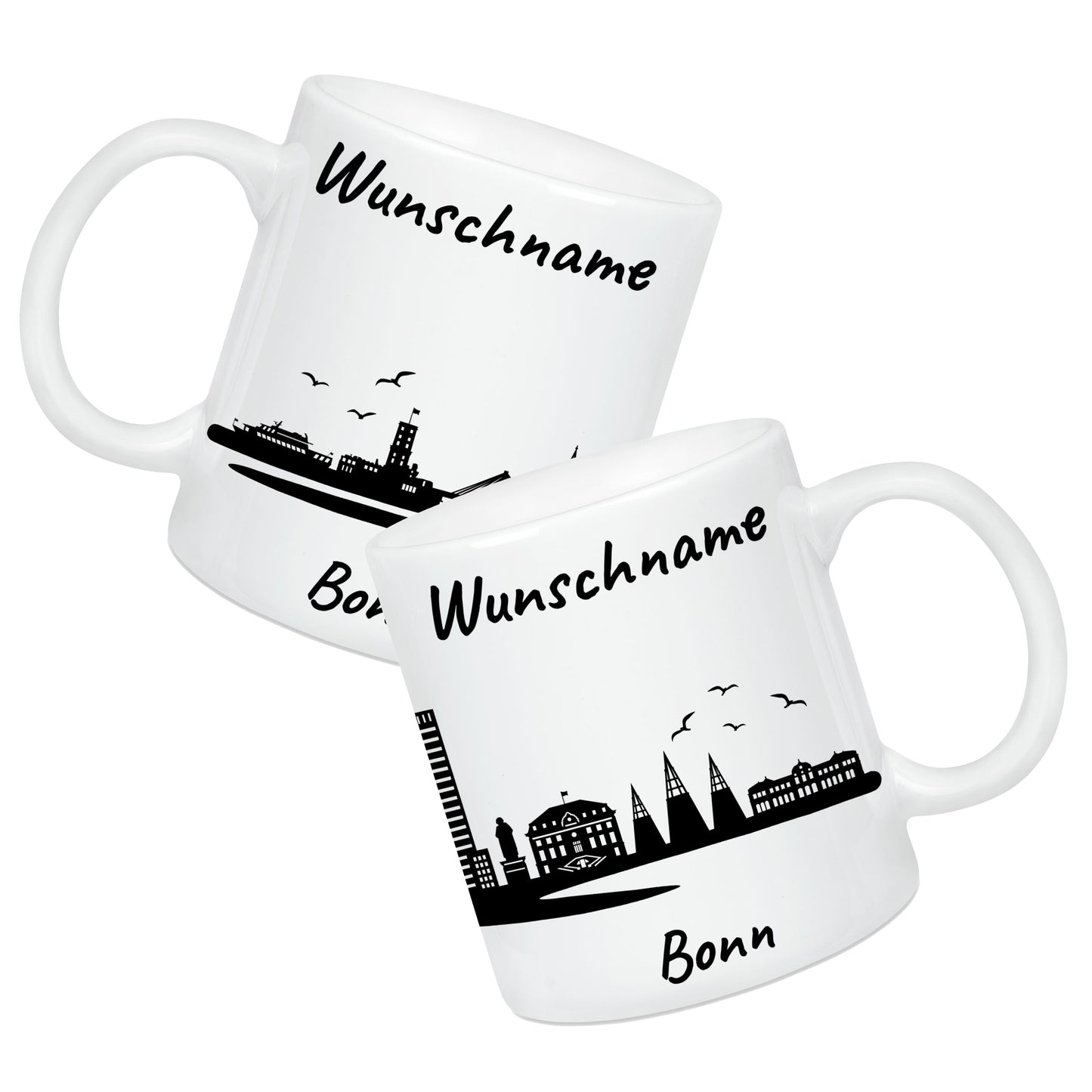 Tasse in Weiß 330ml bedruckt mit der Skyline von Bonn personalisierbar mit Wunschname