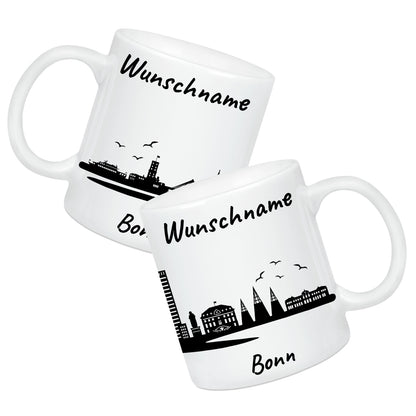 Tasse in Weiß 330ml bedruckt mit der Skyline von Bonn personalisierbar mit Wunschname