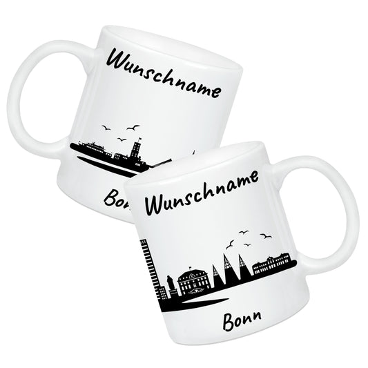 Tasse in Weiß 330ml bedruckt mit der Skyline von Bonn personalisierbar mit Wunschname