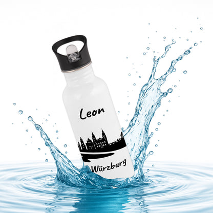 Trinkflasche in Weiß 600ml aus Edelstahl bedruckt mit der Skyline von Würzburg personalisierbar mit Wunschname