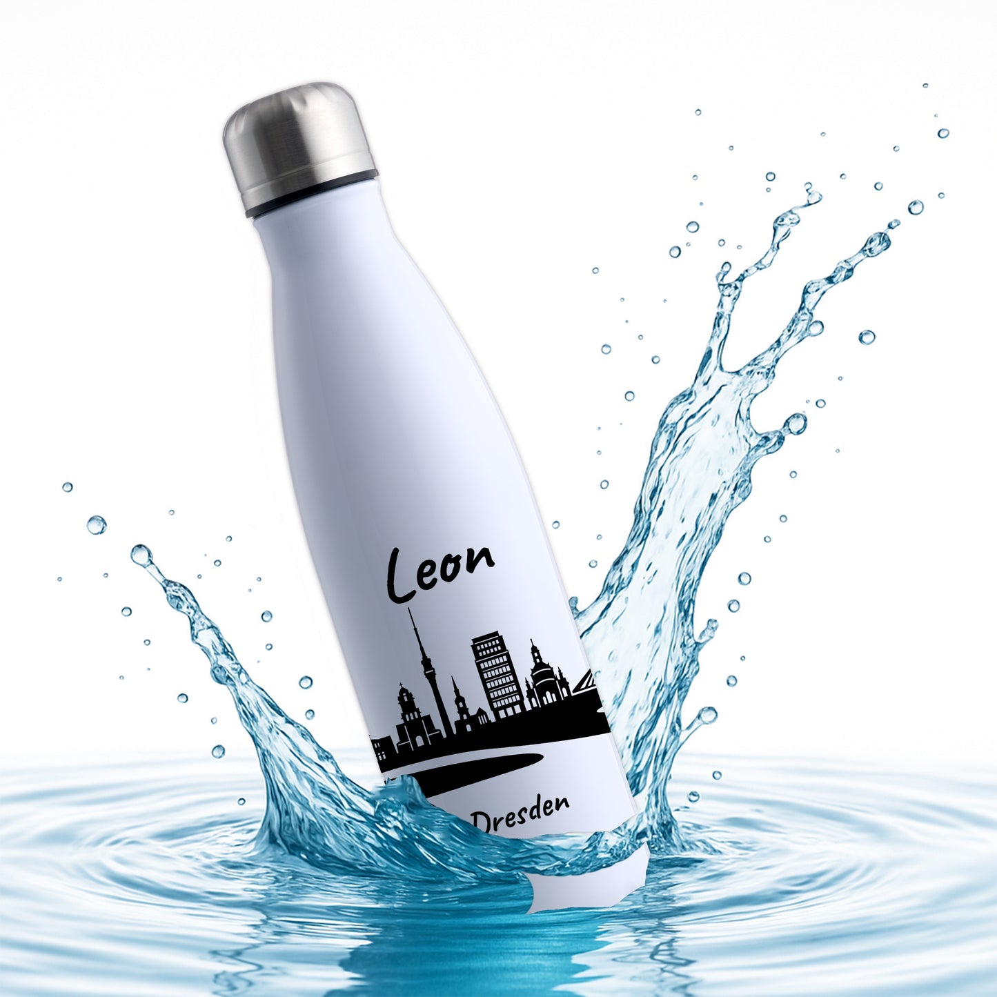 Trinkflasche in Weiß 500ml aus Edelstahl bedruckt mit der Skyline von Dresden personalisierbar mit Wunschname