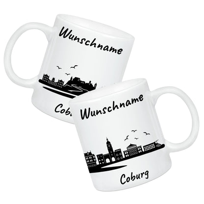 Tasse in Weiß 330ml bedruckt mit der Skyline von Coburg personalisierbar mit Wunschname