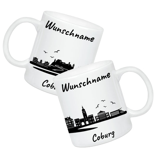 Tasse in Weiß 330ml bedruckt mit der Skyline von Coburg personalisierbar mit Wunschname