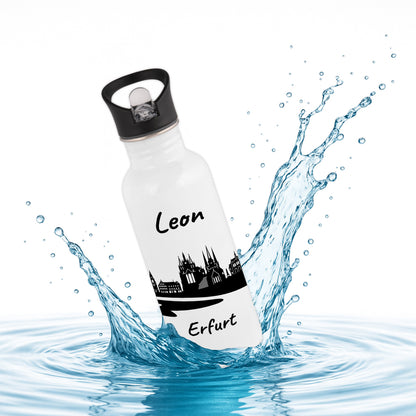 Trinkflasche in Weiß 600ml aus Edelstahl bedruckt mit der Skyline von Erfurt personalisierbar mit Wunschname