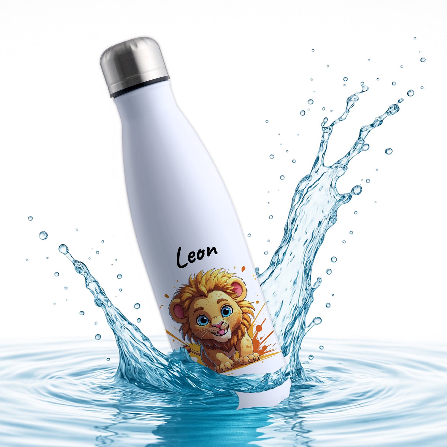 Trinkflasche in Weiß 500ml aus Edelstahl bedruckt mit niedlichen Tieren "Löwe" personalisierbar für Kinder mit Wunschname
