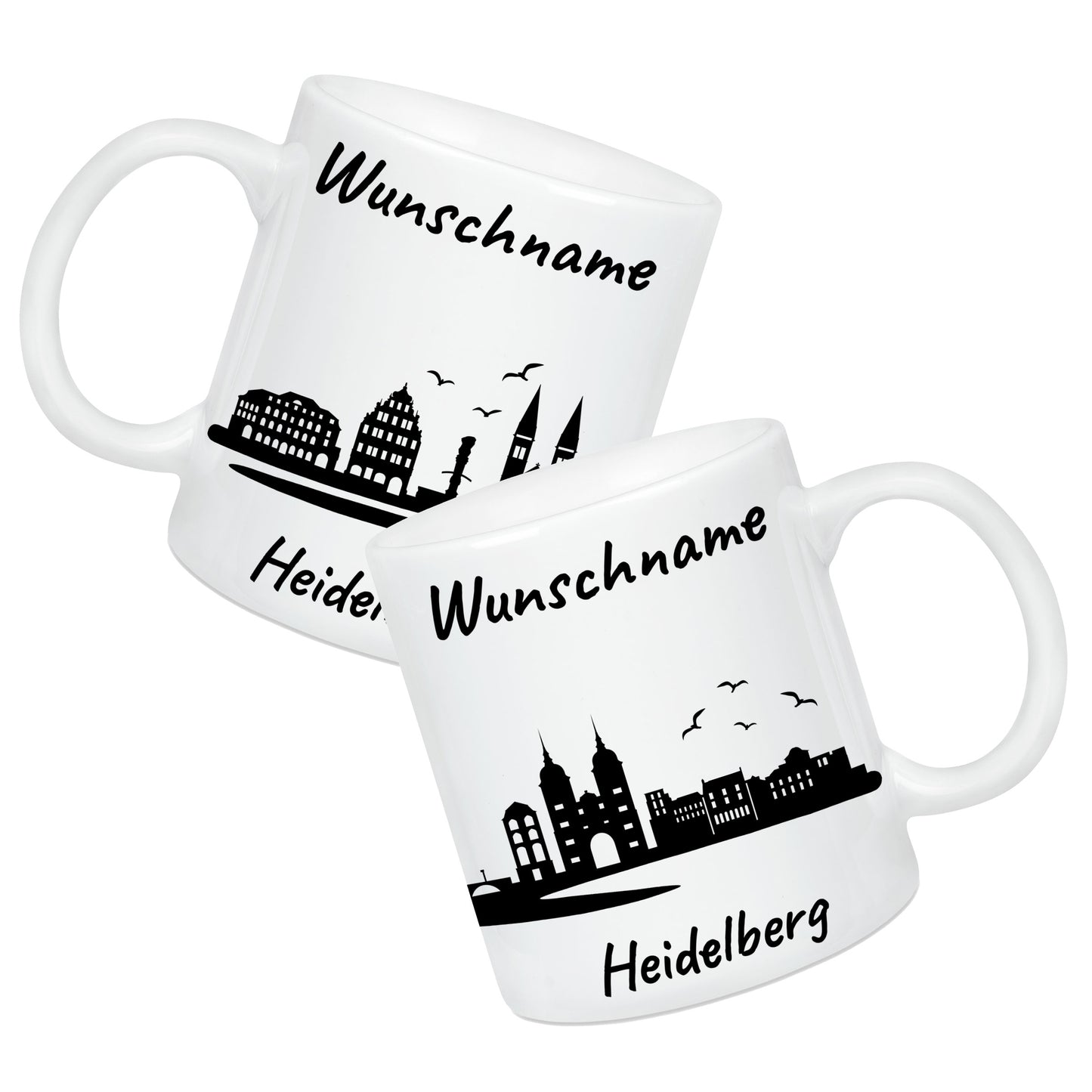 Tasse in Weiß 330ml bedruckt mit der Skyline von Heidelberg personalisierbar mit Wunschname