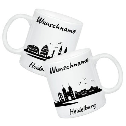 Tasse in Weiß 330ml bedruckt mit der Skyline von Heidelberg personalisierbar mit Wunschname