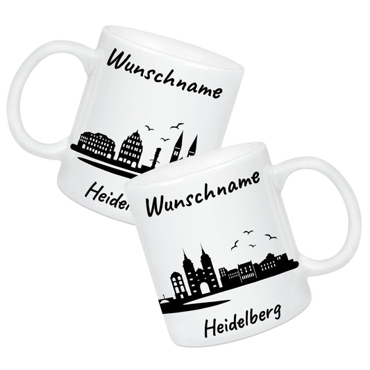 Tasse in Weiß 330ml bedruckt mit der Skyline von Heidelberg personalisierbar mit Wunschname