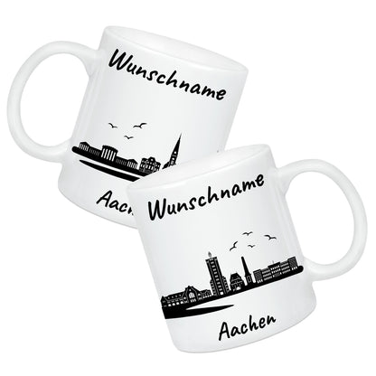 Tasse in Weiß 330ml bedruckt mit der Skyline von Aachen personalisierbar mit Wunschname