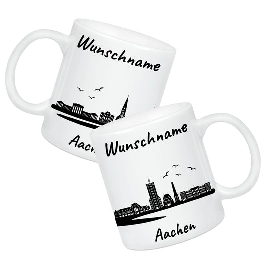 Tasse in Weiß 330ml bedruckt mit der Skyline von Aachen personalisierbar mit Wunschname