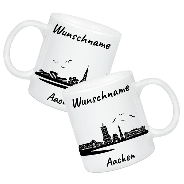 Tasse in Weiß 330ml bedruckt mit der Skyline von Aachen personalisierbar mit Wunschname