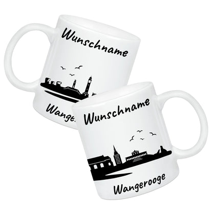 Tasse in Weiß 330ml bedruckt mit der Skyline von Wangerooge personalisierbar mit Wunschname