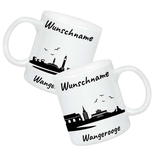 Tasse in Weiß 330ml bedruckt mit der Skyline von Wangerooge personalisierbar mit Wunschname