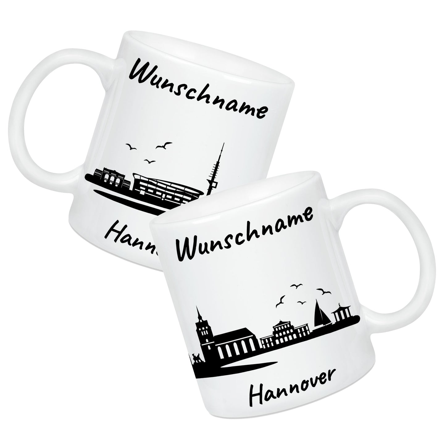 Tasse in Weiß 330ml bedruckt mit der Skyline von Hannover personalisierbar mit Wunschname