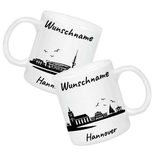 Tasse in Weiß 330ml bedruckt mit der Skyline von Hannover personalisierbar mit Wunschname