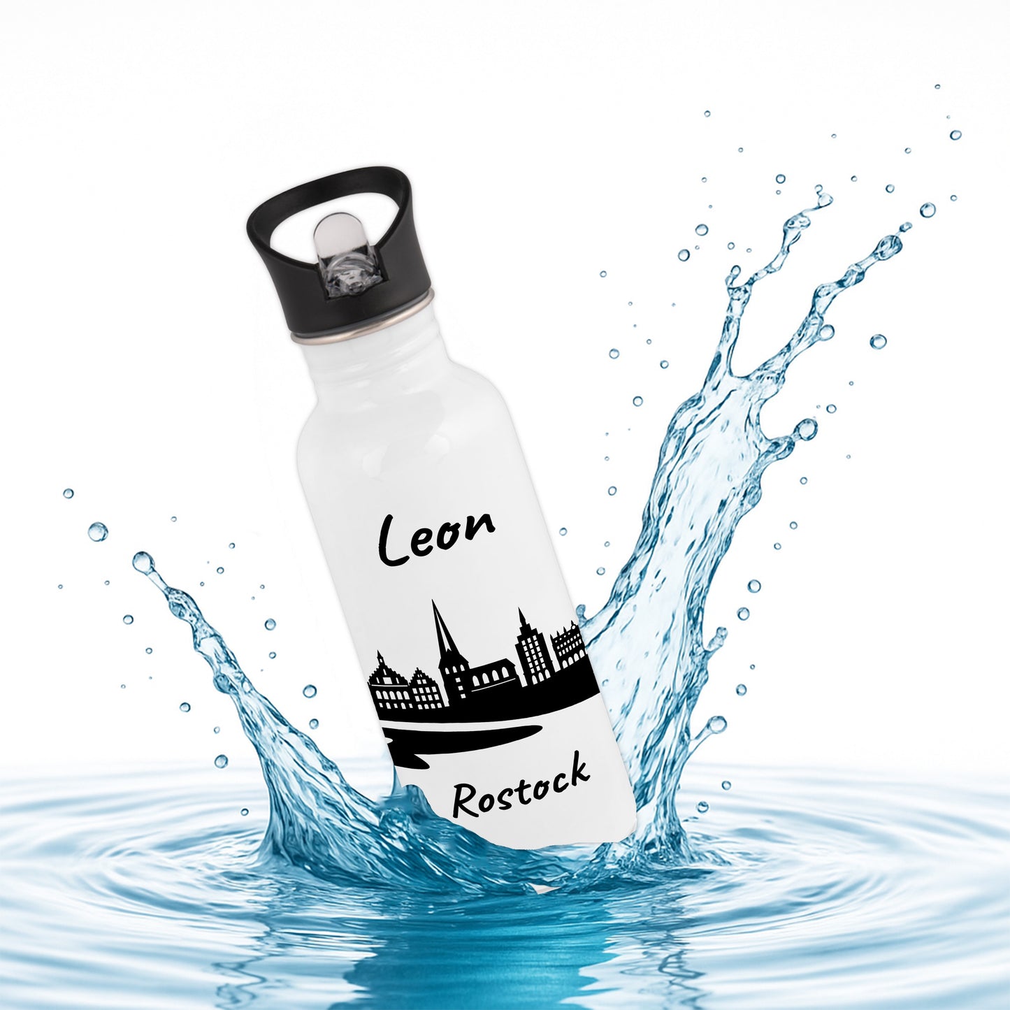 Trinkflasche in Weiß 600ml aus Edelstahl bedruckt mit der Skyline von Rostock personalisierbar mit Wunschname