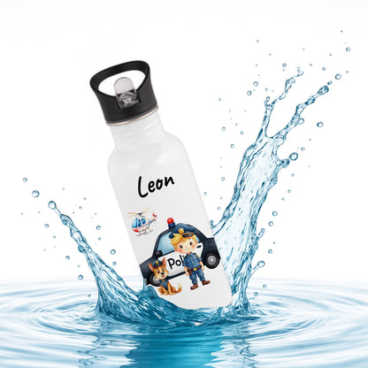 Trinkflasche mit Strohhalm in Weiß 600ml bedruckt mit tollen Motiven für Kinder "Polizei" personalisierbar für Kinder mit Wunschname aus Edelstahl