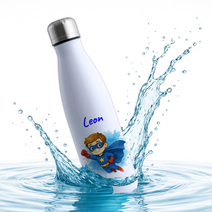 Thermoflasche 500ml in Weiß bedruckt mit tollen Motiven für Kinder "Superheld" personalisierbar mit Wunschname