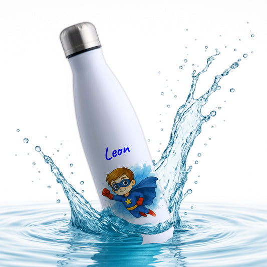 Thermoflasche 500ml in Weiß bedruckt mit tollen Motiven für Kinder "Superheld" personalisierbar mit Wunschname