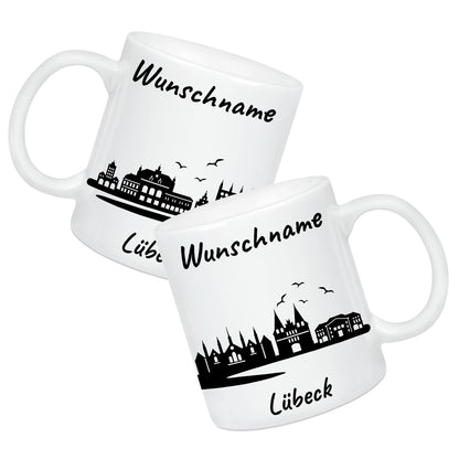 Tasse in Weiß 330ml bedruckt mit der Skyline von Lübeck personalisierbar mit Wunschname
