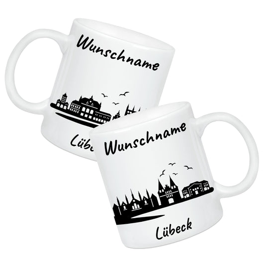 Tasse in Weiß 330ml bedruckt mit der Skyline von Lübeck personalisierbar mit Wunschname