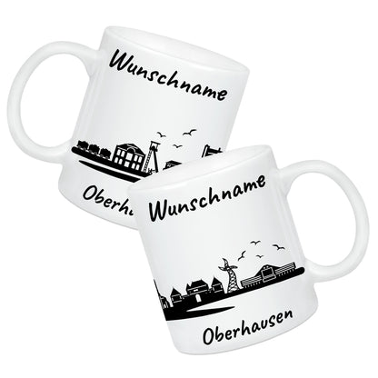 Tasse in Weiß 330ml bedruckt mit der Skyline von Oberhausen personalisierbar mit Wunschname