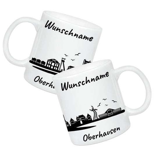 Tasse in Weiß 330ml bedruckt mit der Skyline von Oberhausen personalisierbar mit Wunschname