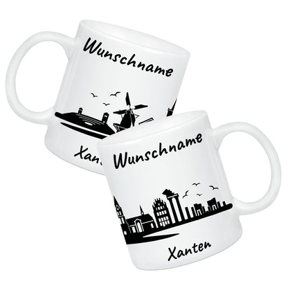 Tasse in Weiß 330ml bedruckt mit der Skyline von Xanten personalisierbar mit Wunschname