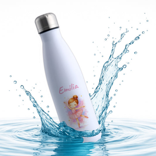 Thermoflasche 500ml in Weiß bedruckt mit tollen Motiven für Kinder "Ballerina" personalisierbar mit Wunschname