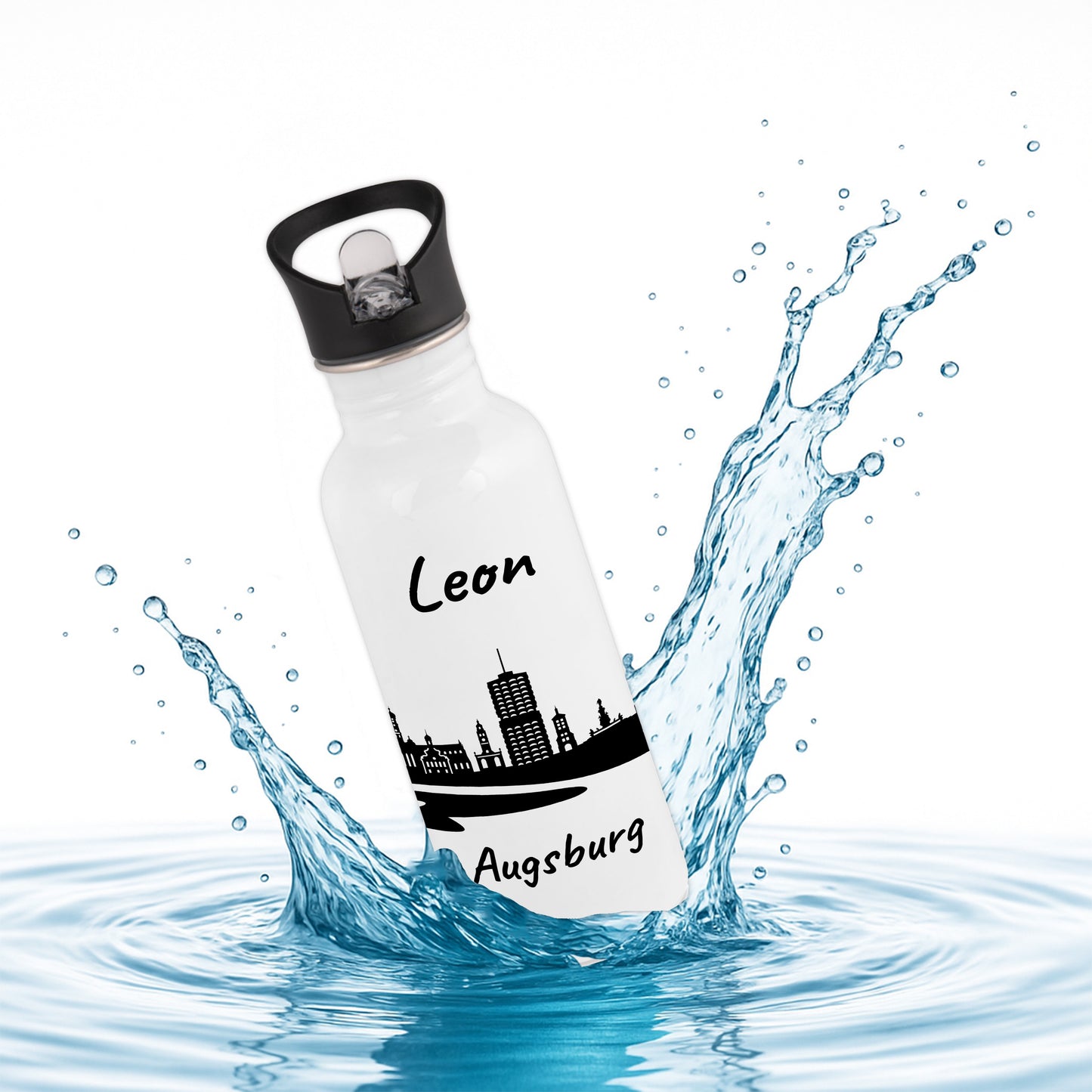 Trinkflasche in Weiß 600ml aus Edelstahl bedruckt mit der Skyline von Augsburg personalisierbar mit Wunschname
