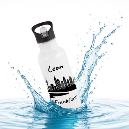 Trinkflasche in Weiß 600ml aus Edelstahl bedruckt mit der Skyline von Frankfurt personalisierbar mit Wunschname