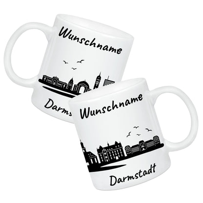 Tasse in Weiß 330ml bedruckt mit der Skyline von Darmstadt personalisierbar mit Wunschname