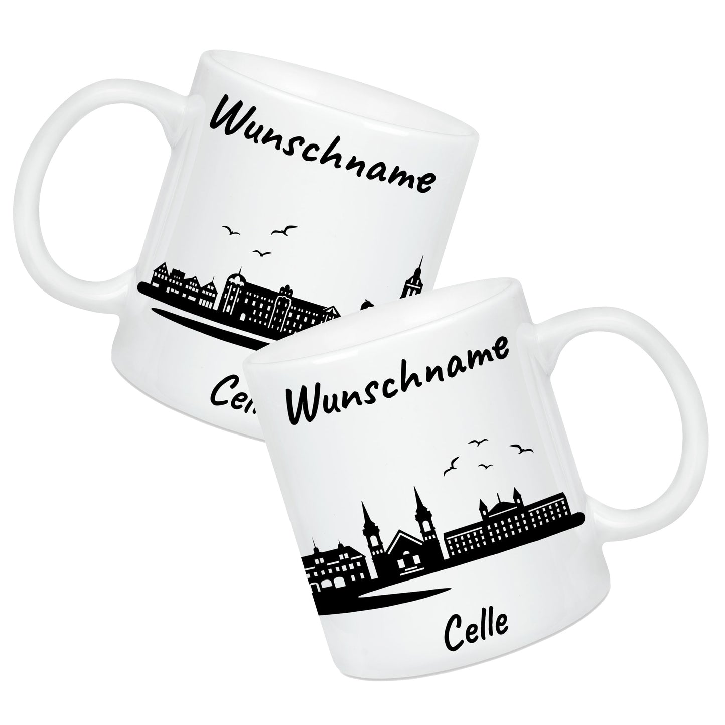 Tasse in Weiß 330ml bedruckt mit der Skyline von Celle personalisierbar mit Wunschname