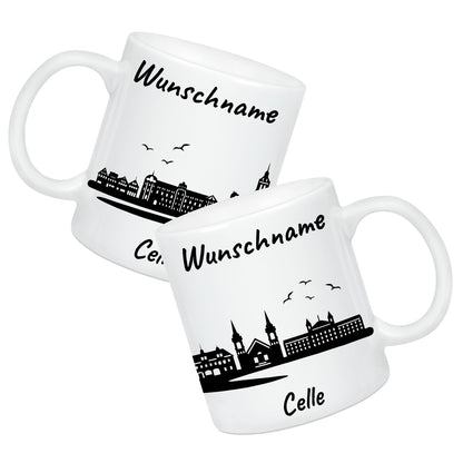 Tasse in Weiß 330ml bedruckt mit der Skyline von Celle personalisierbar mit Wunschname