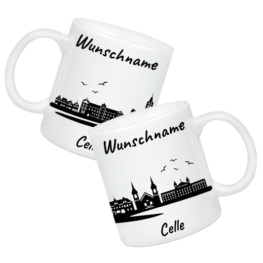 Tasse in Weiß 330ml bedruckt mit der Skyline von Celle personalisierbar mit Wunschname