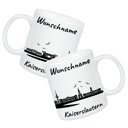 Tasse in Weiß 330ml bedruckt mit der Skyline von Kaiserslautern personalisierbar mit Wunschname