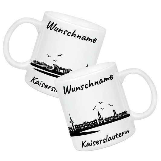 Tasse in Weiß 330ml bedruckt mit der Skyline von Kaiserslautern personalisierbar mit Wunschname