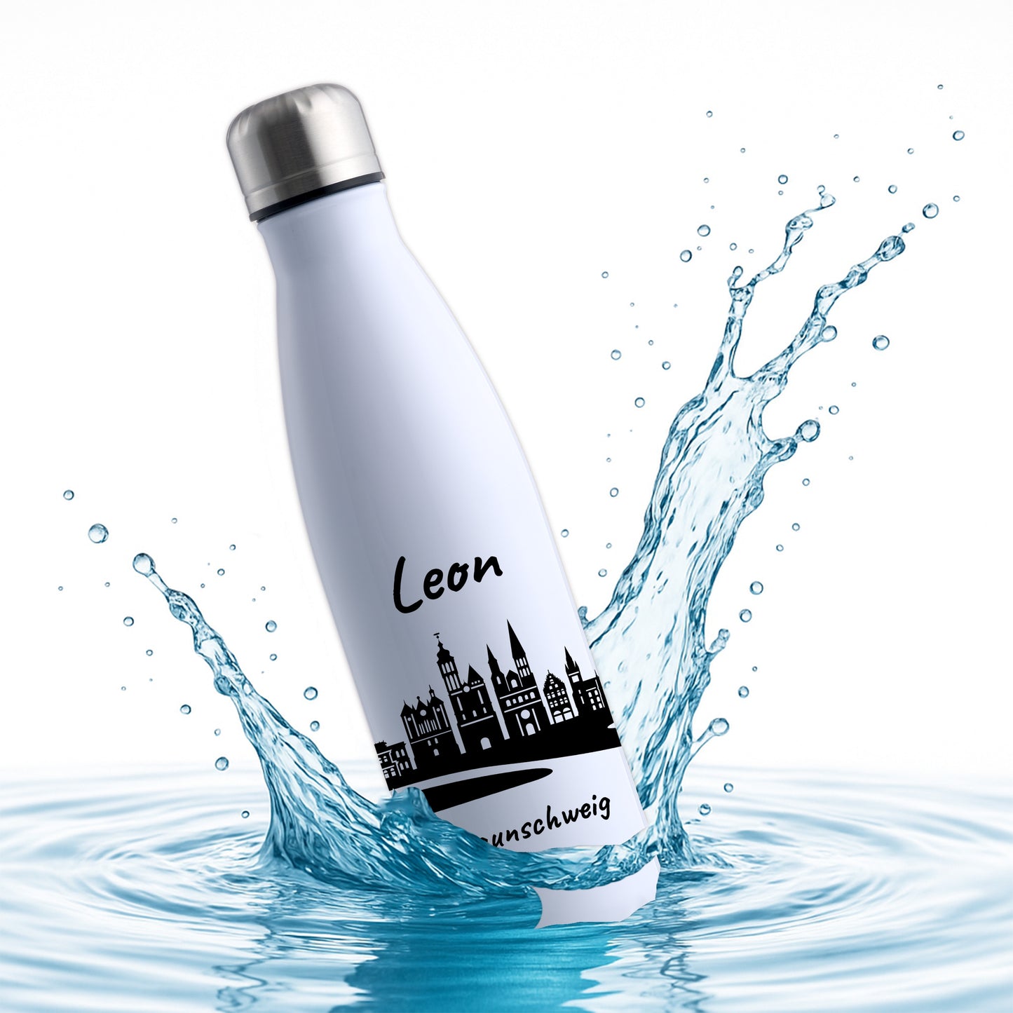 Trinkflasche in Weiß 500ml aus Edelstahl bedruckt mit der Skyline von Braunschweig personalisierbar mit Wunschname