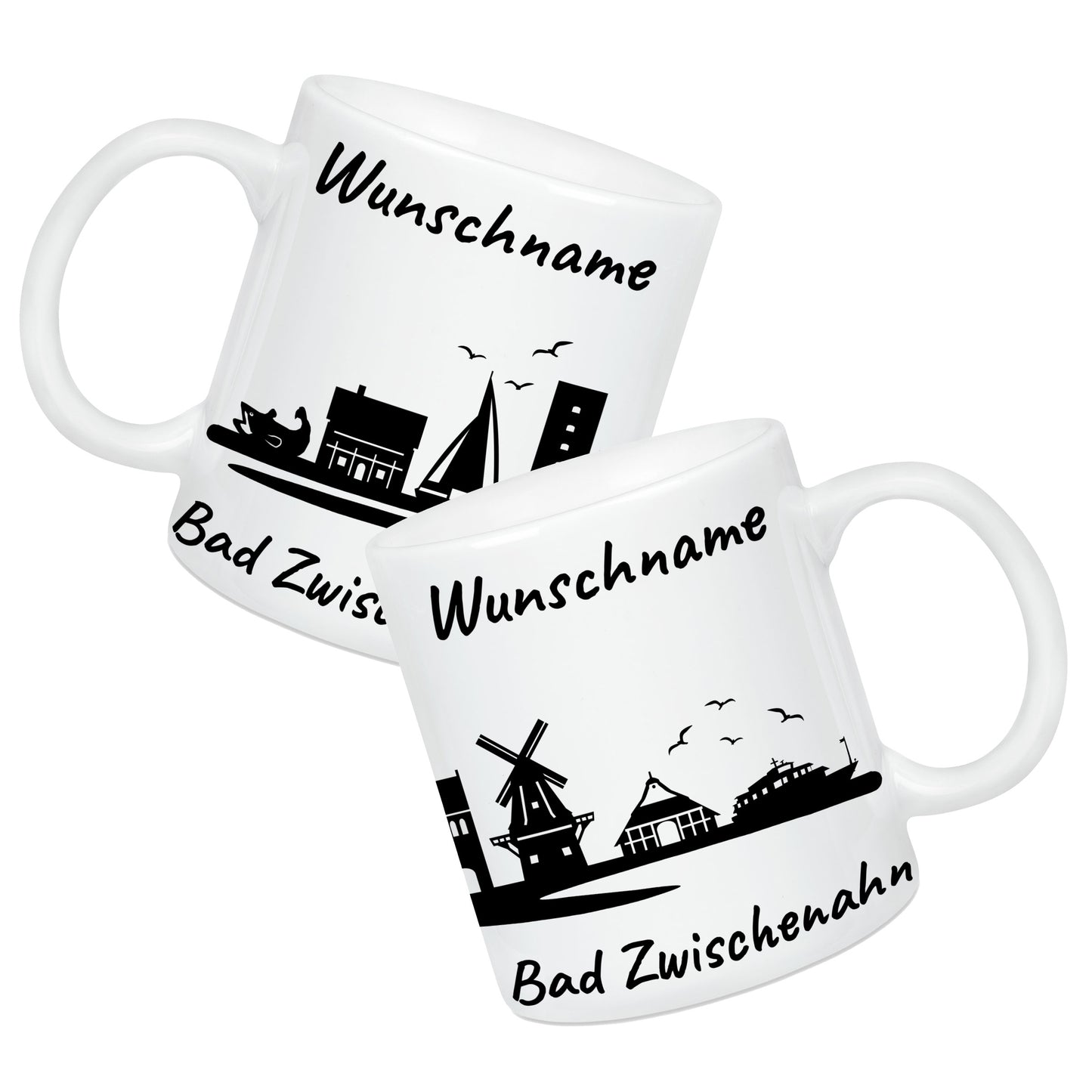 Tasse in Weiß 330ml bedruckt mit der Skyline von Bad Zwischenahn personalisierbar mit Wunschname