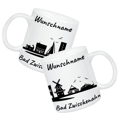 Tasse in Weiß 330ml bedruckt mit der Skyline von Bad Zwischenahn personalisierbar mit Wunschname