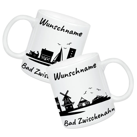 Tasse in Weiß 330ml bedruckt mit der Skyline von Bad Zwischenahn personalisierbar mit Wunschname