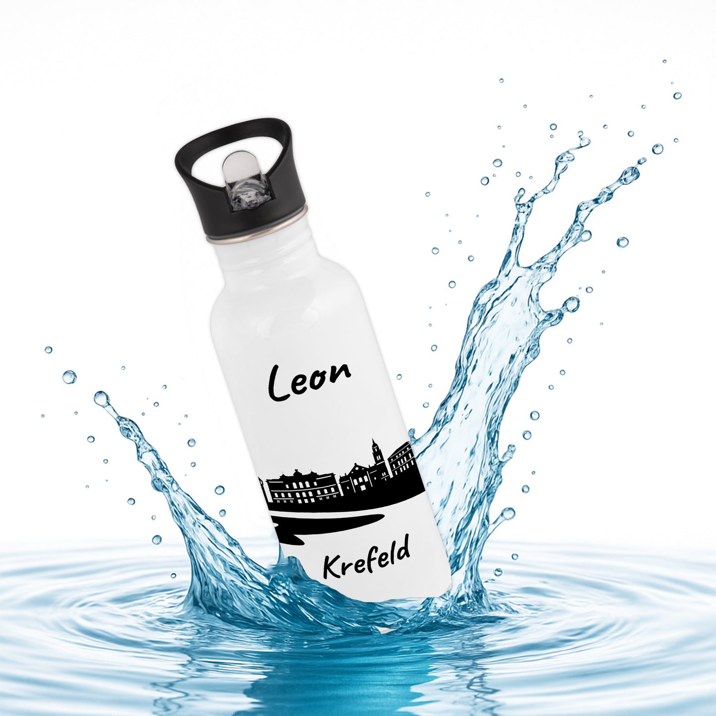Trinkflasche in Weiß 600ml aus Edelstahl bedruckt mit der Skyline von Krefeld personalisierbar mit Wunschname