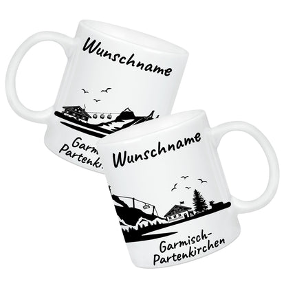 Tasse in Weiß 330ml bedruckt mit der Skyline von Garmisch-Partenkirchen personalisierbar mit Wunschname