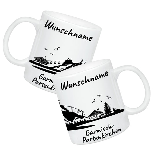 Tasse in Weiß 330ml bedruckt mit der Skyline von Garmisch-Partenkirchen personalisierbar mit Wunschname