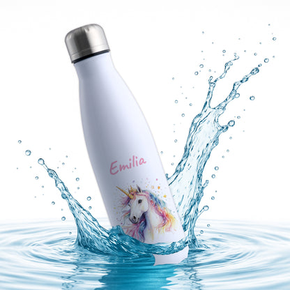 Thermoflasche 500ml in Weiß bedruckt mit tollen Motiven für Kinder "Einhorn" personalisierbar mit Wunschname