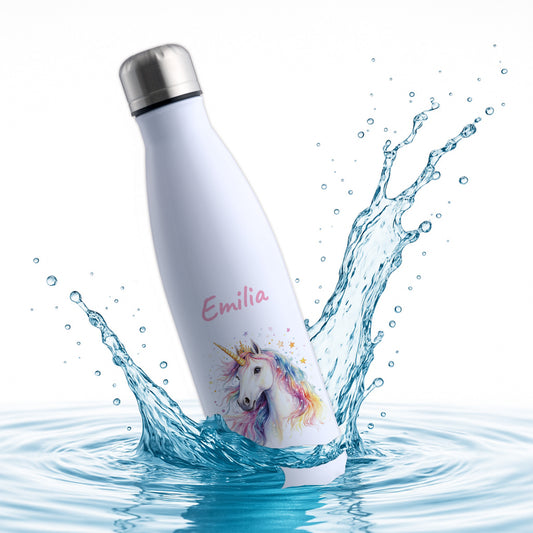 Thermoflasche 500ml in Weiß bedruckt mit tollen Motiven für Kinder "Einhorn" personalisierbar mit Wunschname